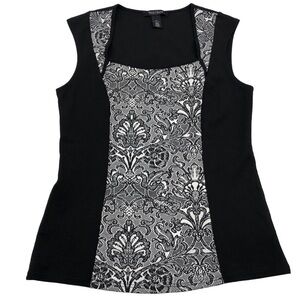 White House Black Market Tapestry Print Sleeveless Black White Top Medium